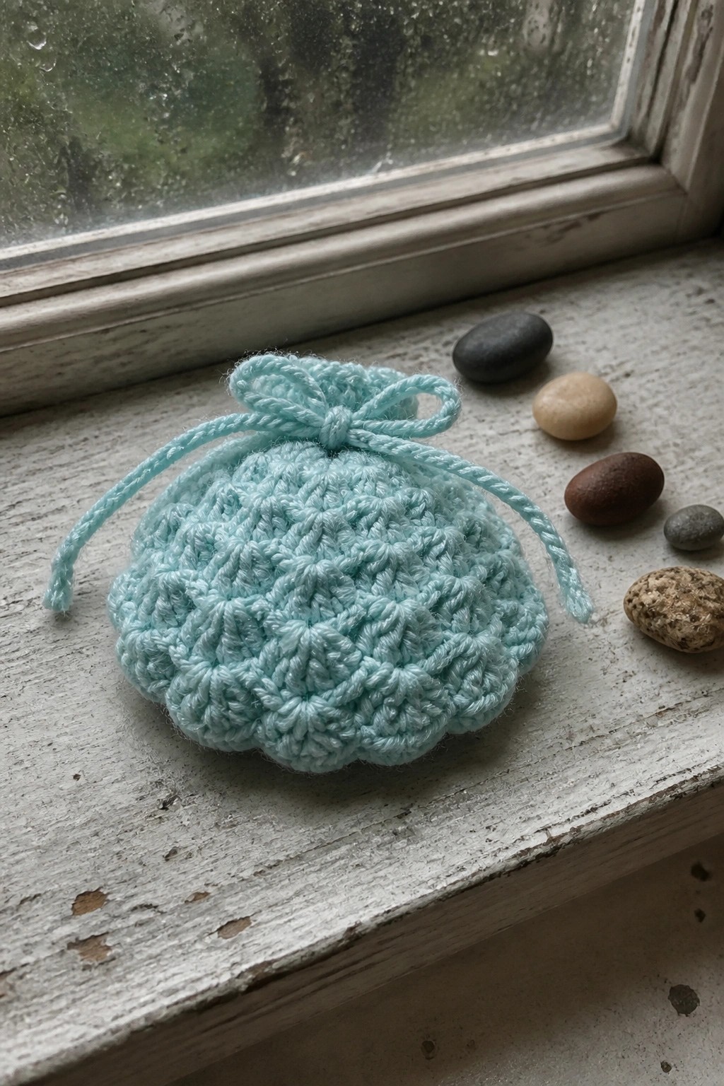 Light blue crocheted drawstring pouch on weathered windowsill beside pebbles
