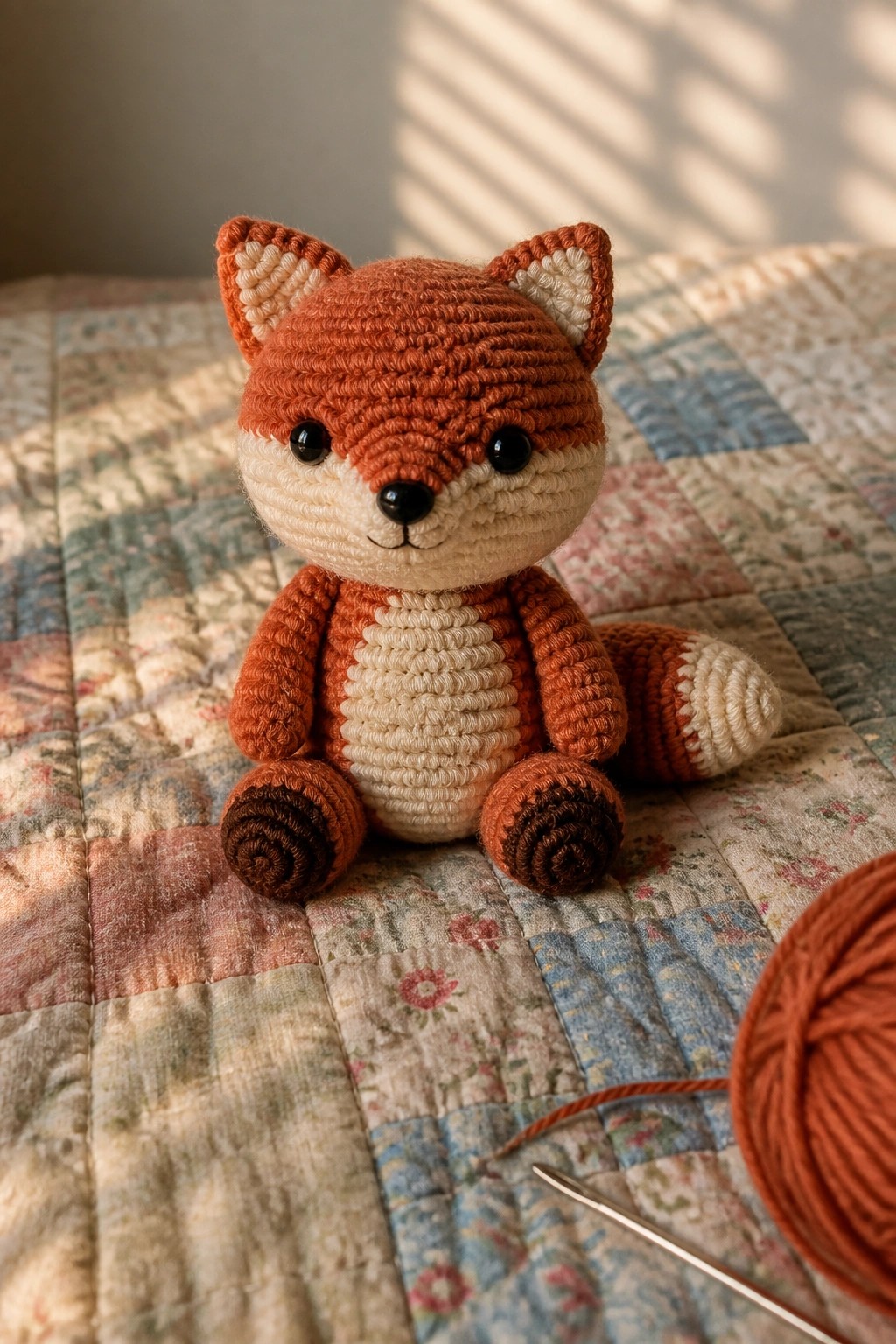 Crocheted orange fox toy on floral quilt beside yarn ball and hook