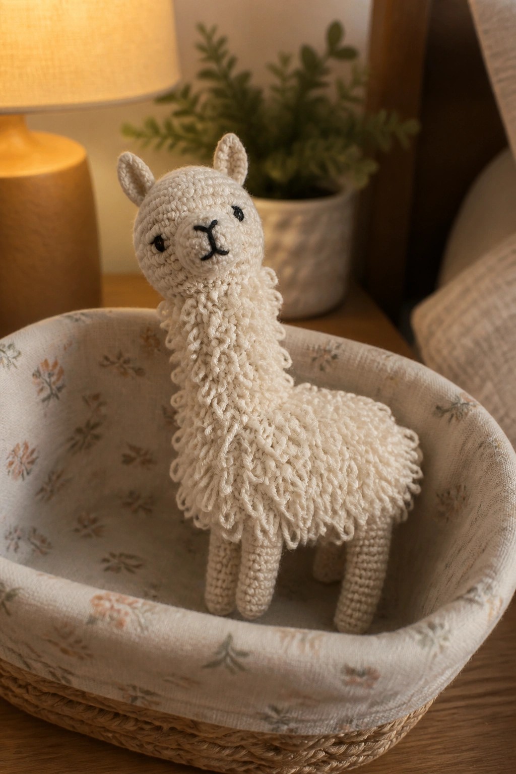 Crocheted white llama toy standing in a floral-lined woven basket