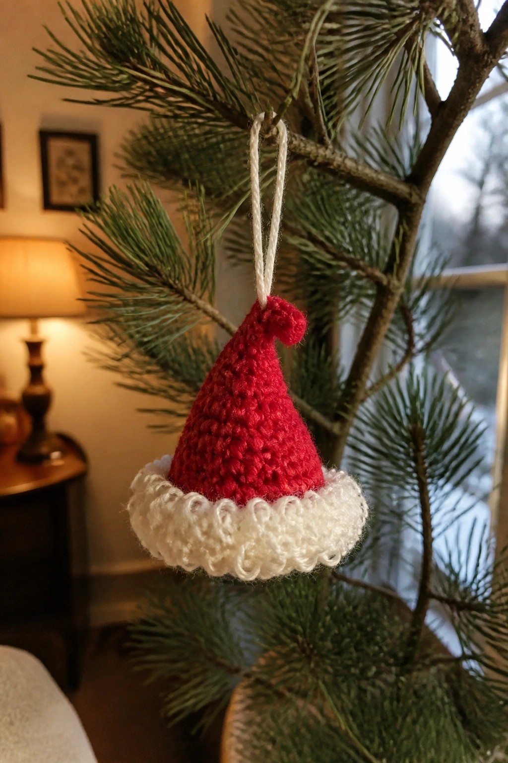 Red crocheted Santa hat ornament with white trim on pine branch.