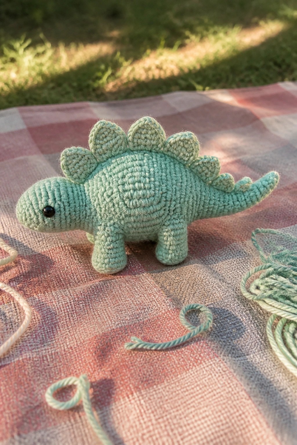 Light green crocheted stegosaurus on red checkered picnic blanket with loose yarn.
