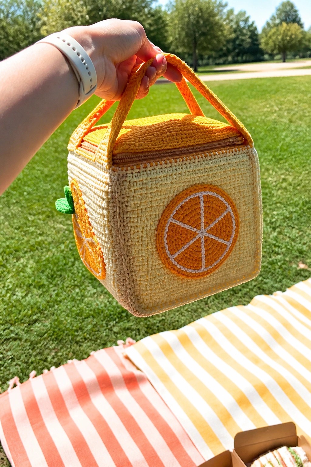 Hand holding crocheted yellow-orange citrus lunch bag over striped picnic blanket