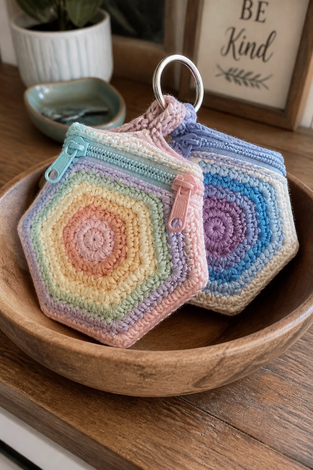 Pastel rainbow crocheted hexagon zippered pouches with keyring in wooden bowl