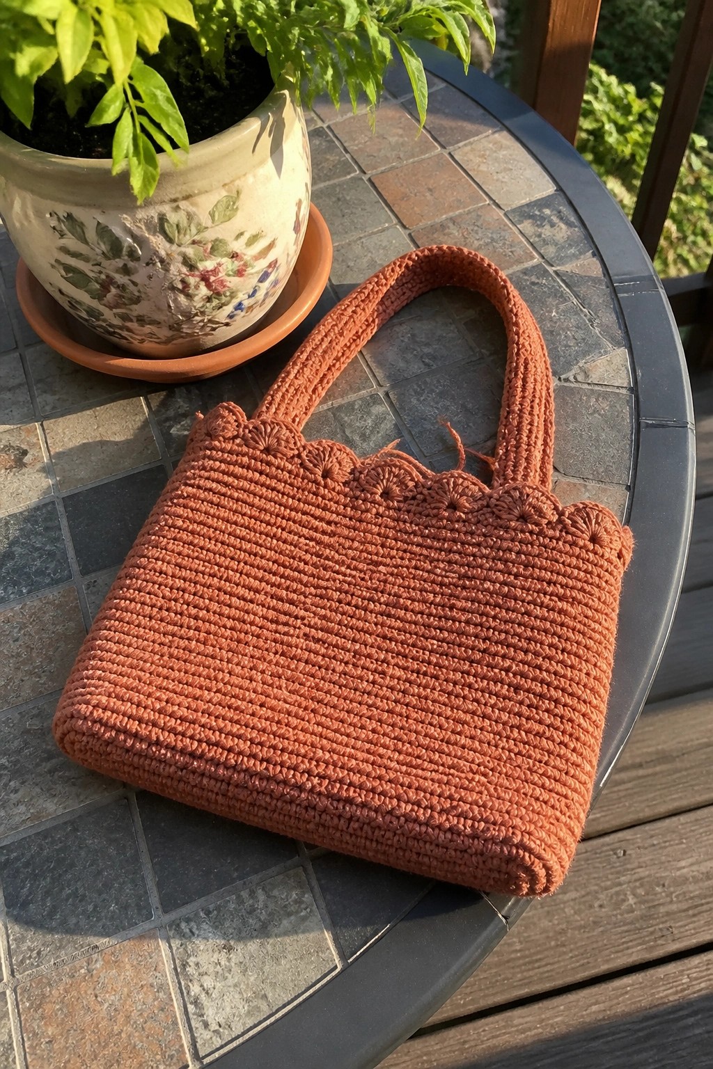 Terracotta crocheted handbag with scalloped edge on tiled patio table beside plant