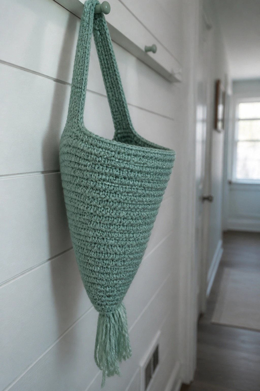 A mint green crocheted tapered bag with a long handle and bottom tassel hangs from a wall hook.