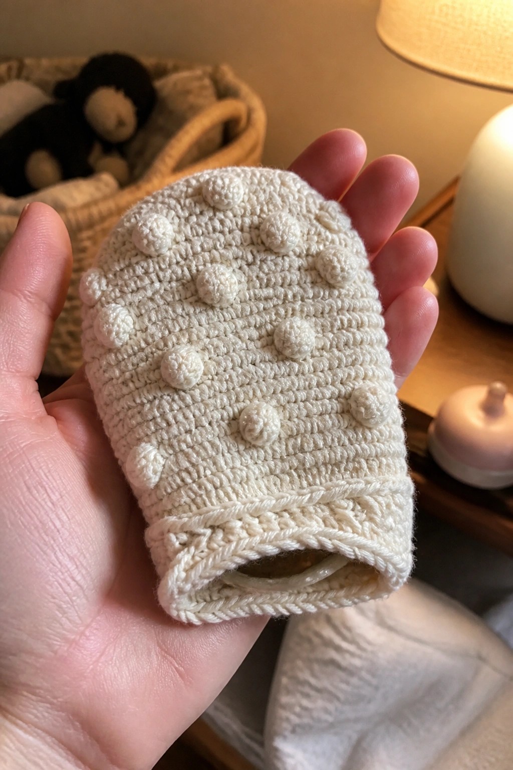 Hand holding cream crocheted baby hat with bobble texture in cozy room.
