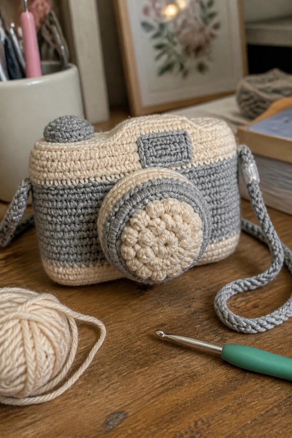 Crocheted beige and gray camera with lens on wooden table beside yarn and hook.
