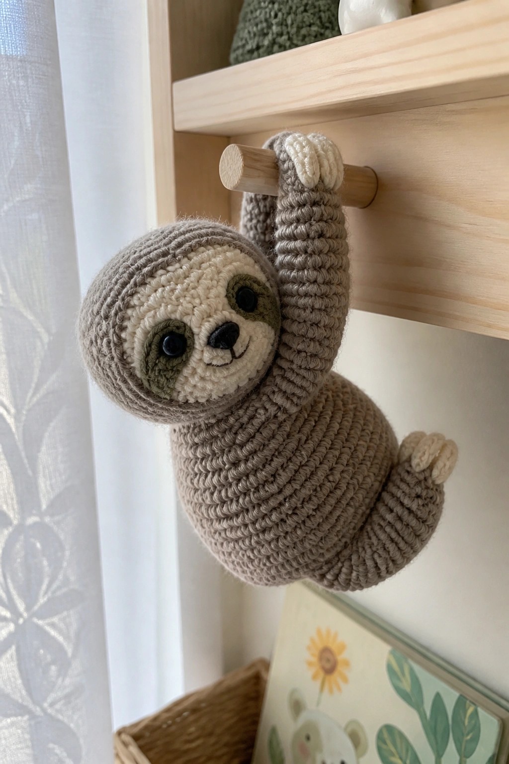 Crocheted sloth with beige face hanging from wooden peg on light shelf.