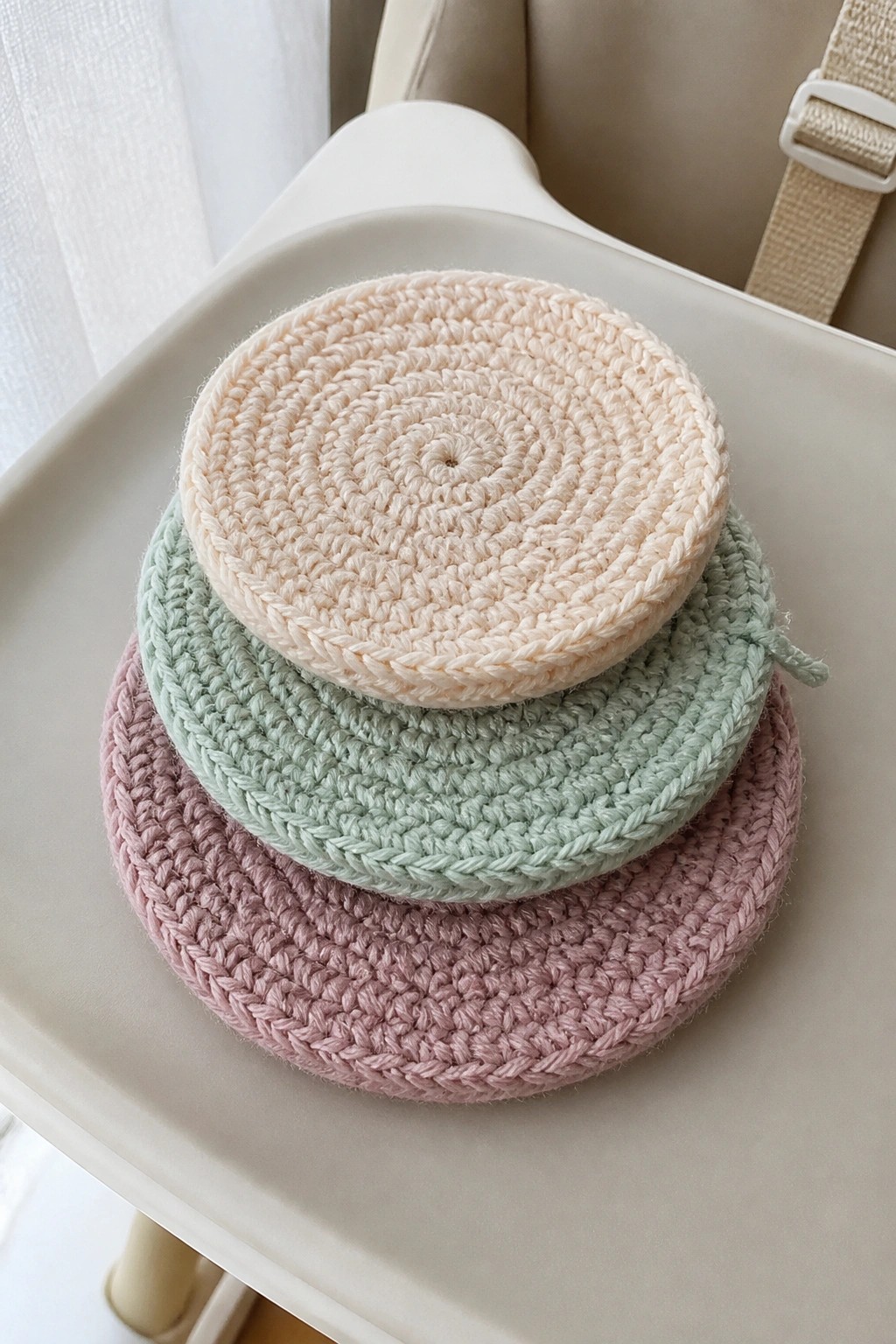 Three stacked crocheted coasters in pastel peach, mint, and pink on a tray