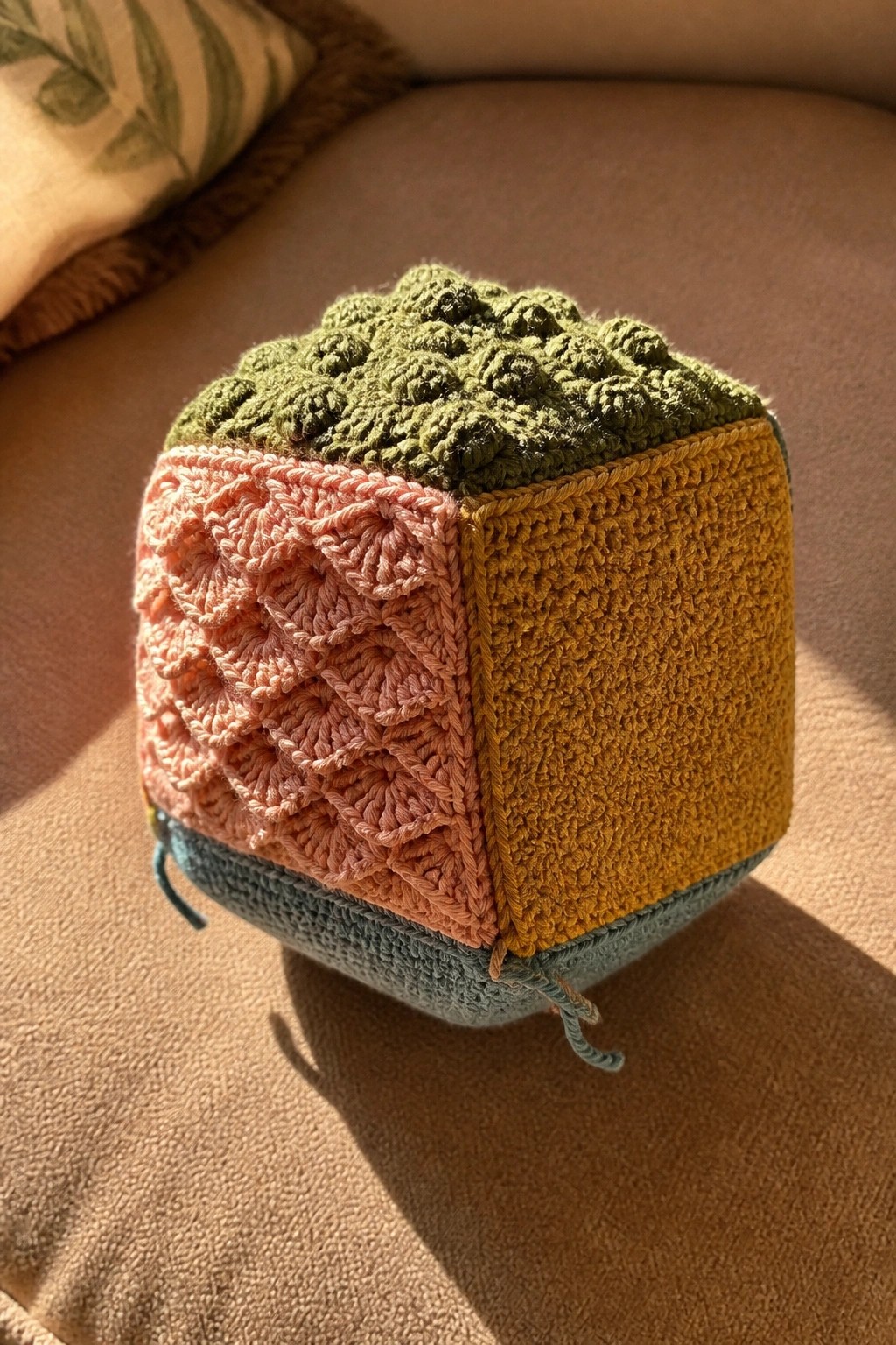 Colorful crocheted cube with green top, pink pattern, yellow side, and blue base on couch.