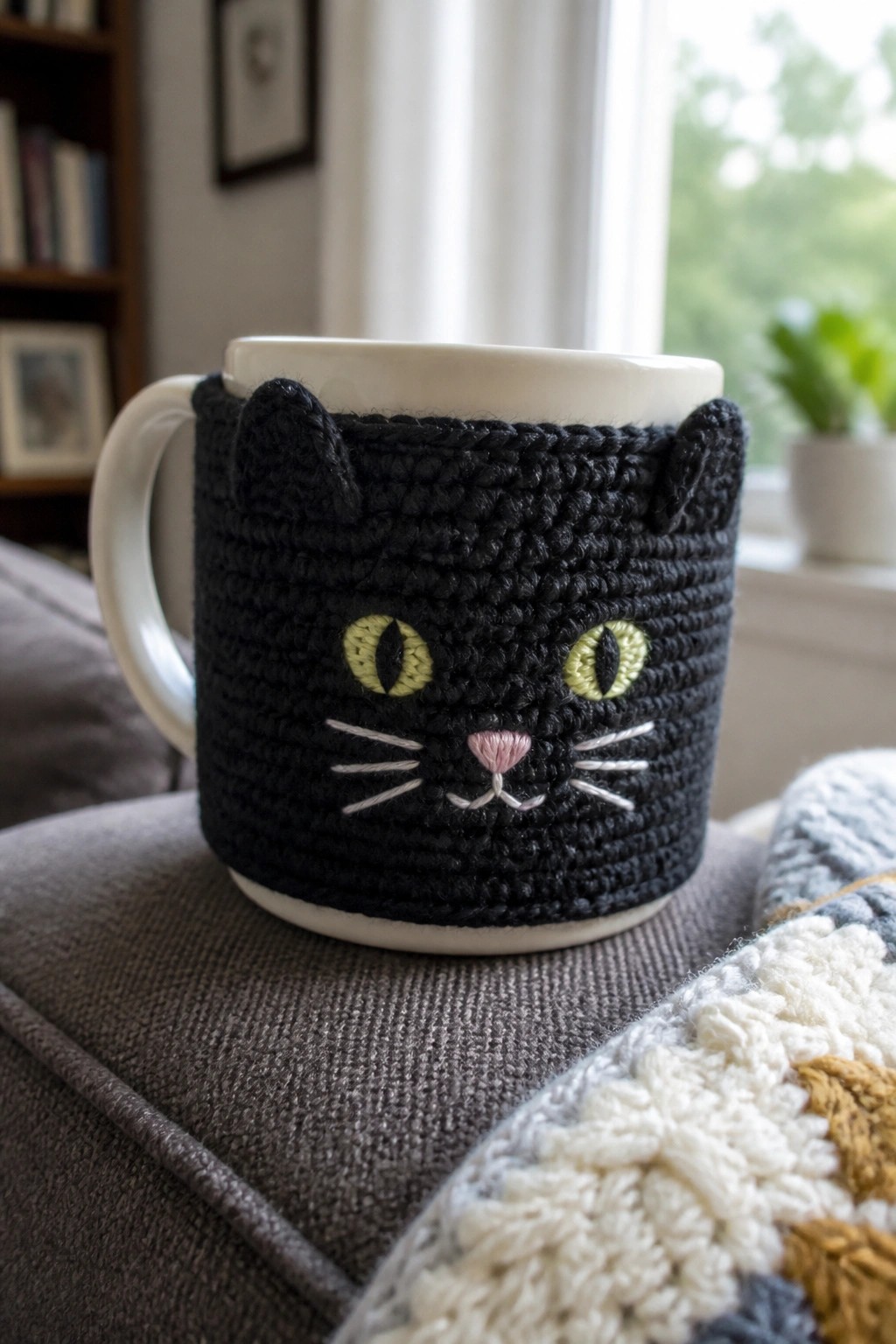 White mug with black crocheted cat cozy featuring yellow eyes and pink nose