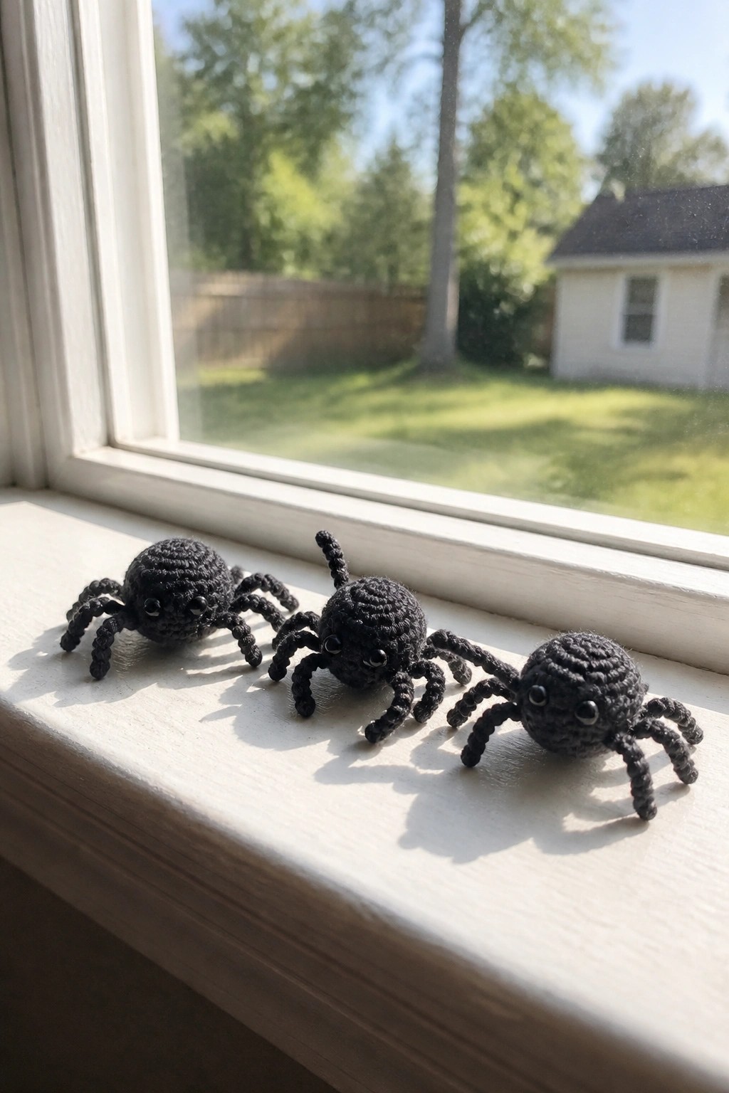 Three black crocheted spiders on a sunny white windowsill overlooking a yard.