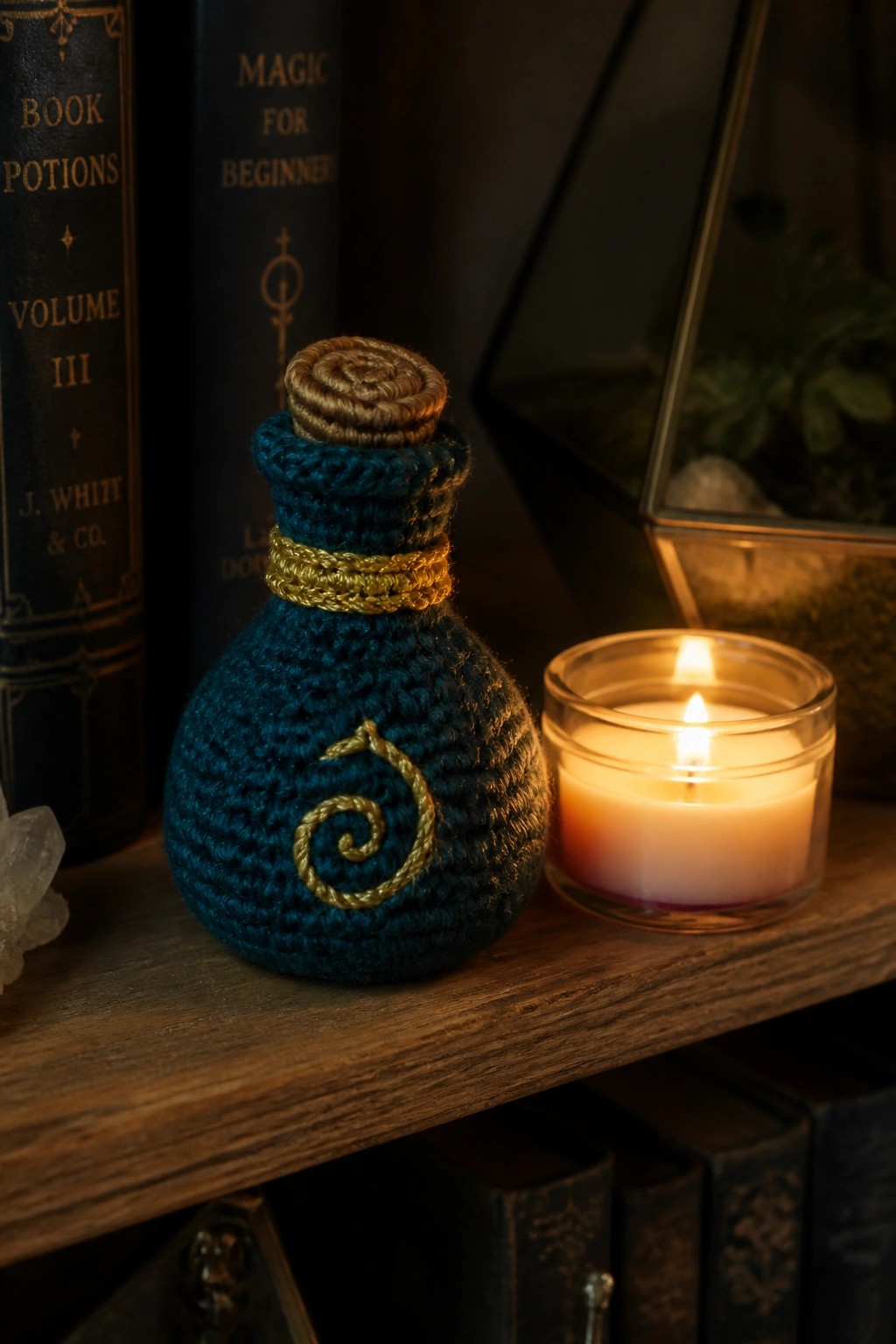 Blue crocheted bottle with gold swirl next to lit candle on shelf with old books.