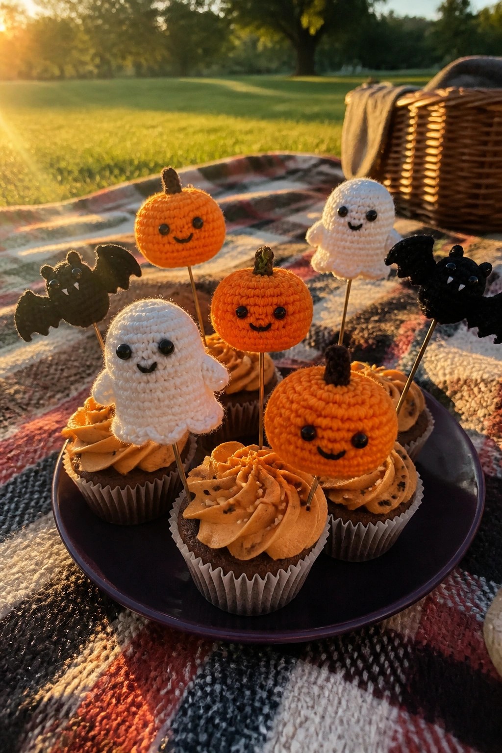 Crocheted pumpkin ghost and bat toppers on frosted cupcakes atop picnic blanket at sunset