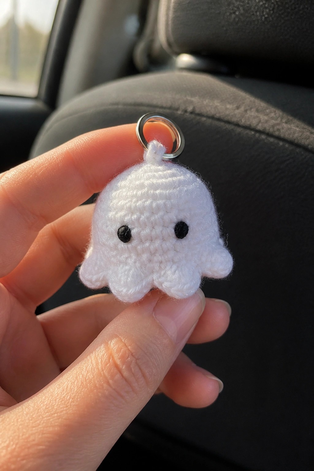 Hand holding tiny white crocheted ghost keychain with black eyes and metal ring.