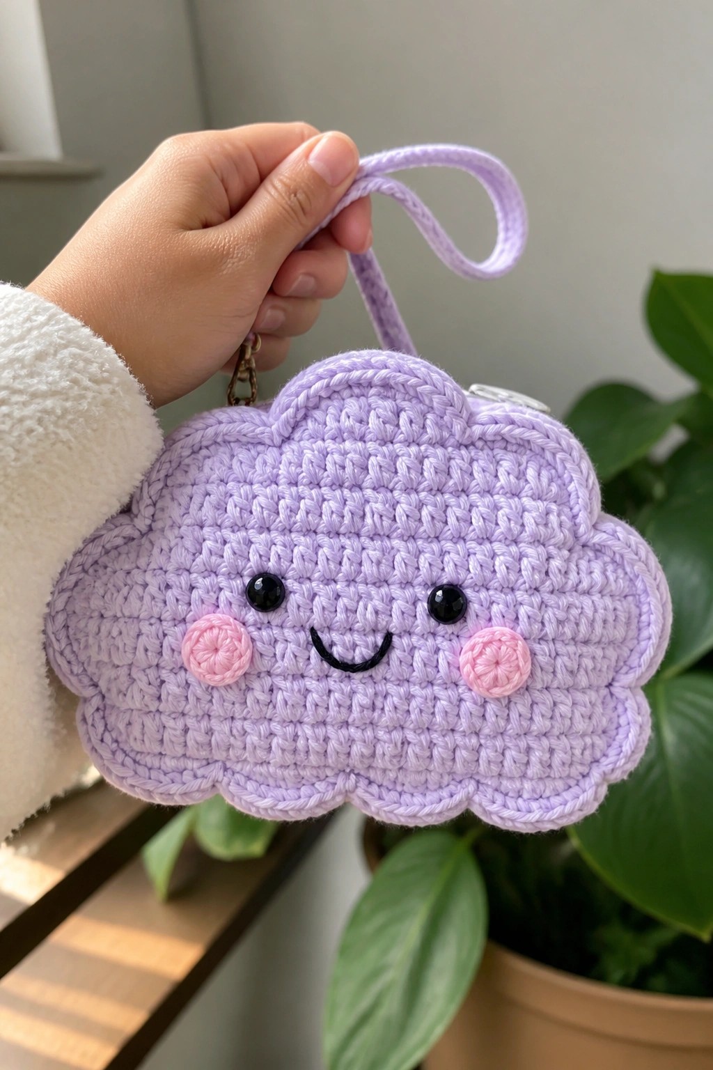Hand holding light purple crocheted cloud pouch with smiling face and pink cheeks