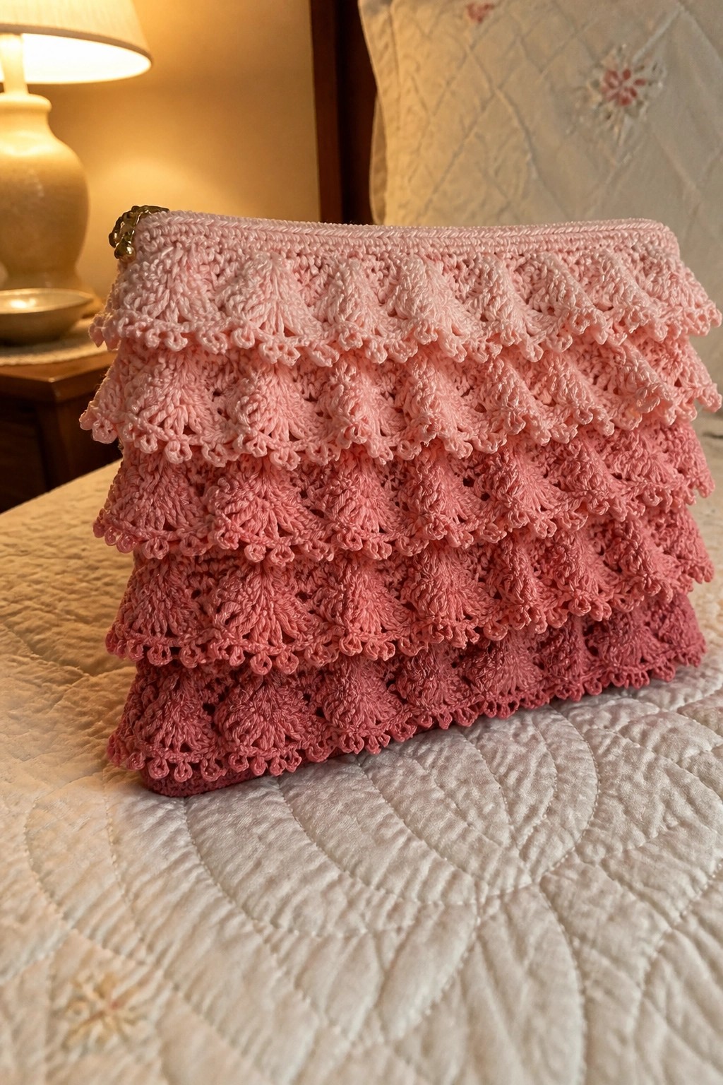 Ombre pink crocheted ruffled pouch with zipper on white quilted bedspread