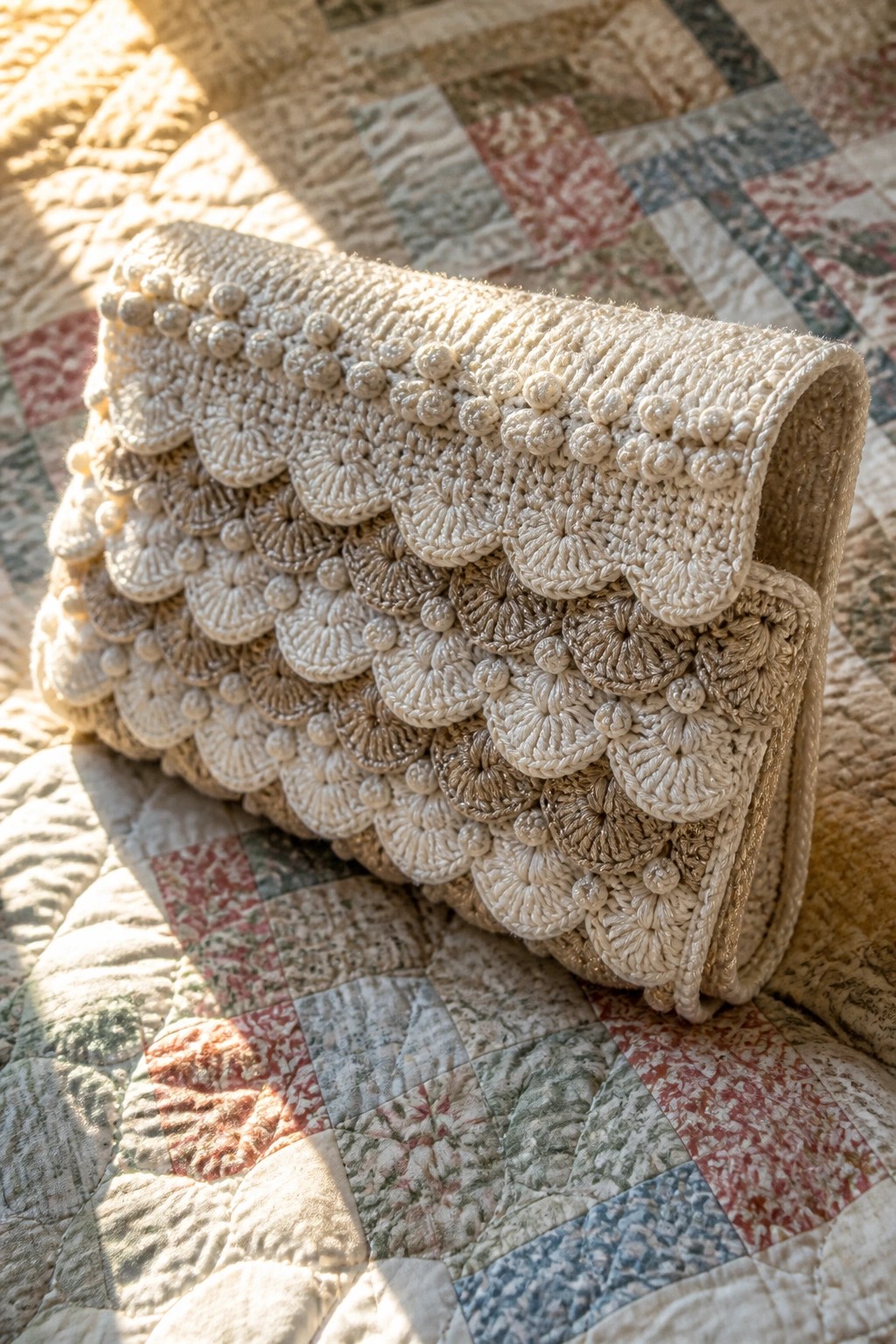 Crocheted beige clutch with scalloped texture on patchwork quilt in sunlight