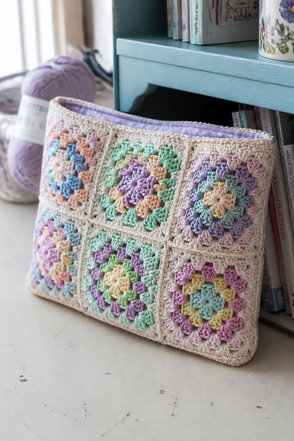 Colorful granny square crochet pouch beside yarn balls and blue bookshelf.
