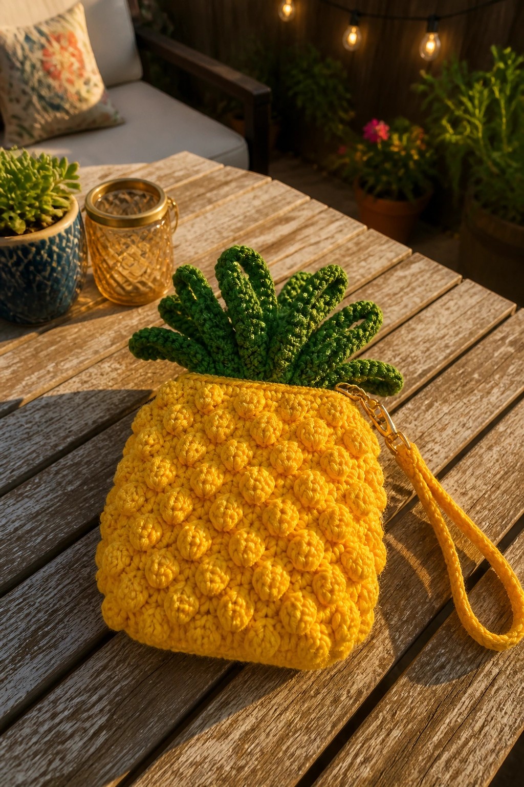 Yellow crocheted pineapple pouch with green leaves and strap on wooden table.