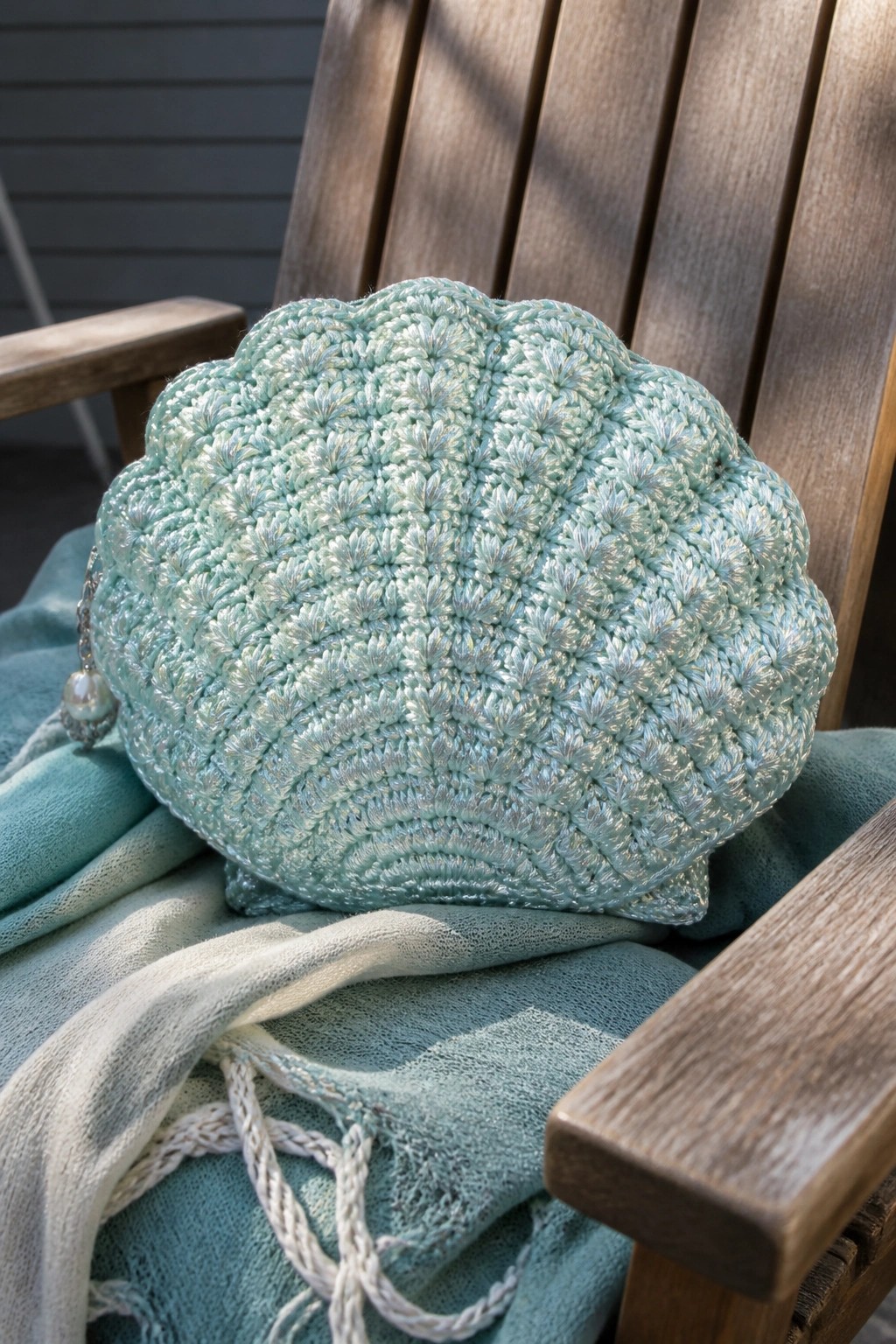 Mint green crocheted seashell purse with pearl charm on wooden chair