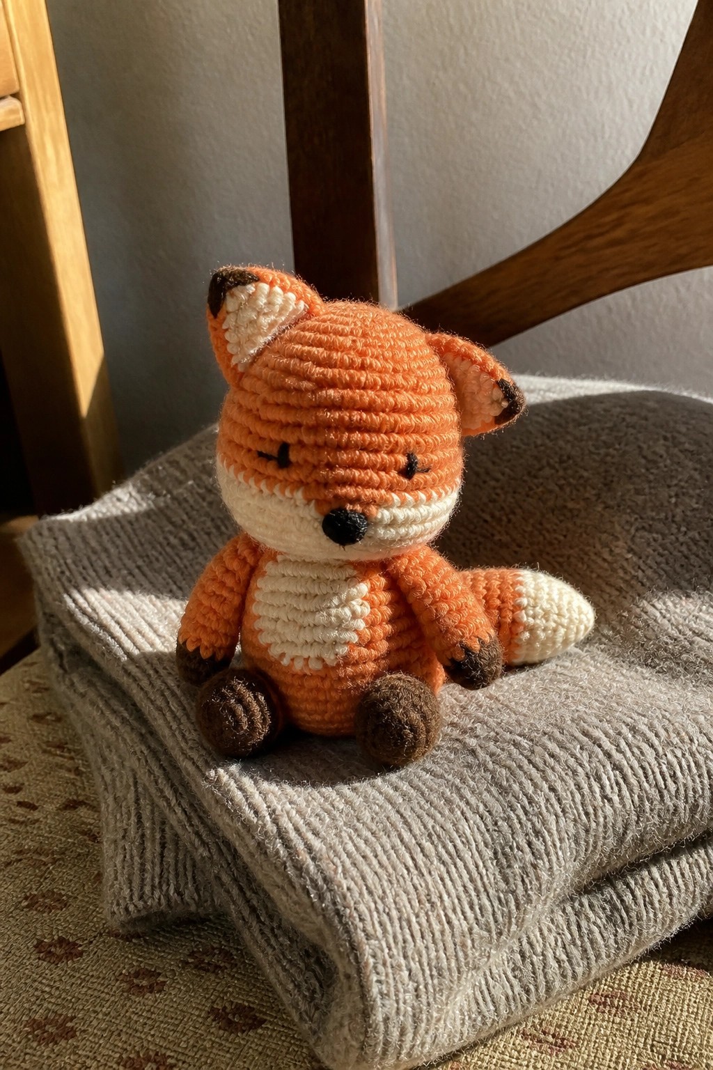 Orange crocheted fox toy sits on gray knit blanket atop wooden chair in sunlight.