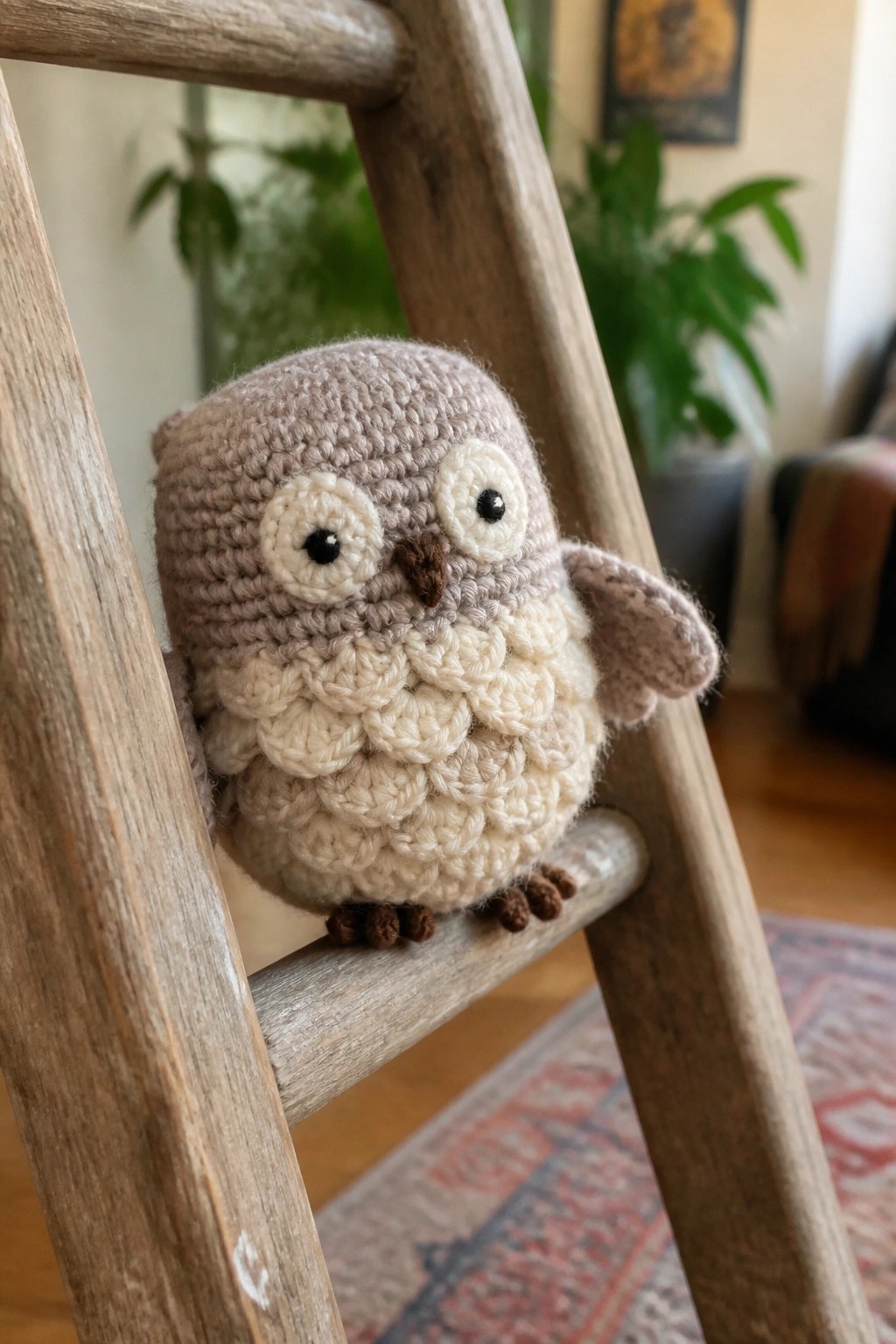 Crocheted beige owl with cream belly and big eyes on wooden ladder rung