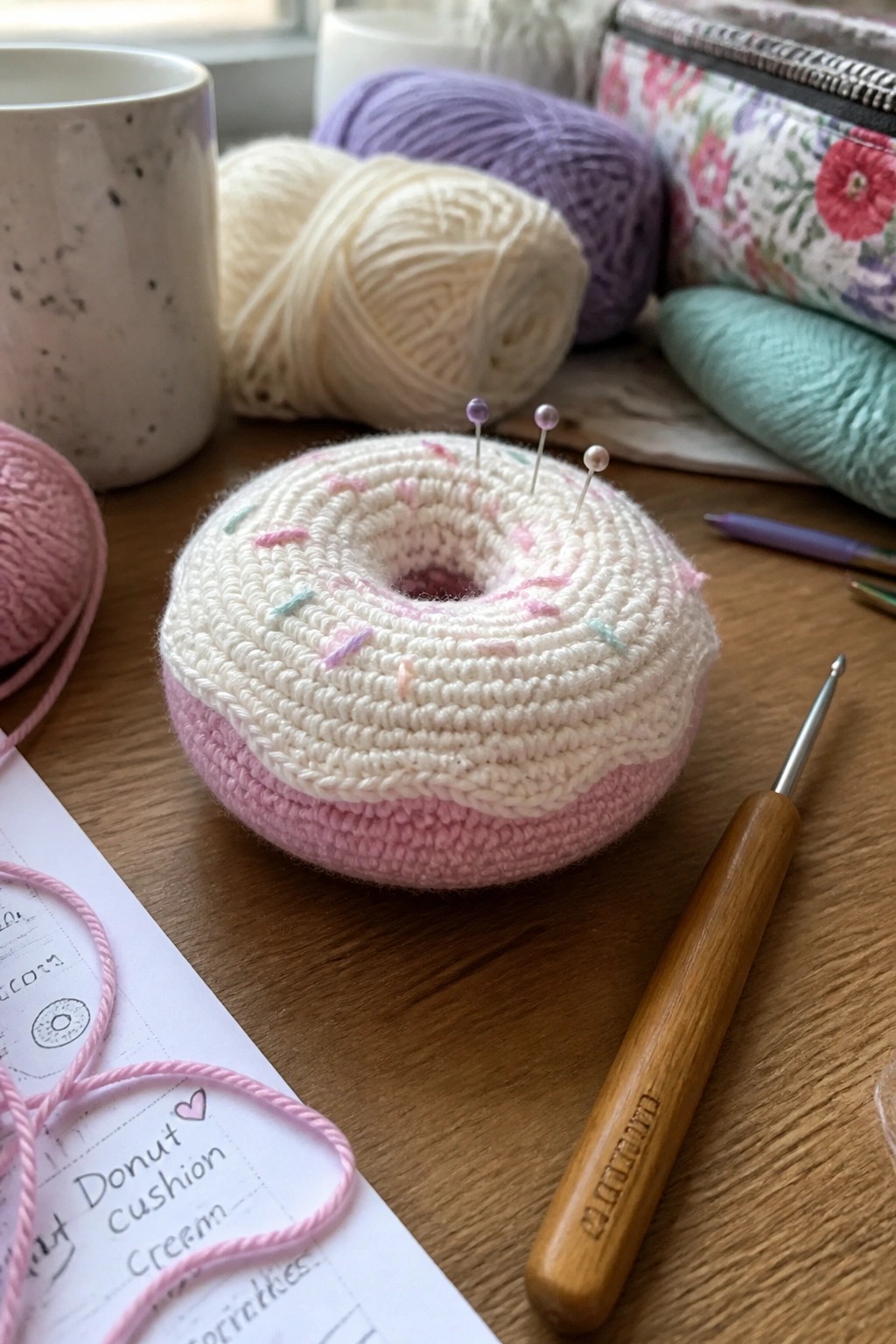 Crocheted donut cushion with pins, yarn balls, hook, and notebook on wooden table.