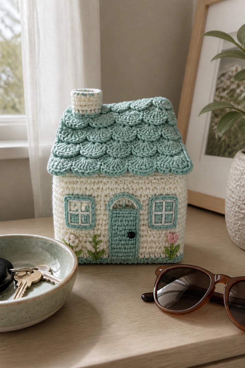A crocheted house-shaped cozy in mint green and white with a chimney, door, and windows sits on a wooden table.