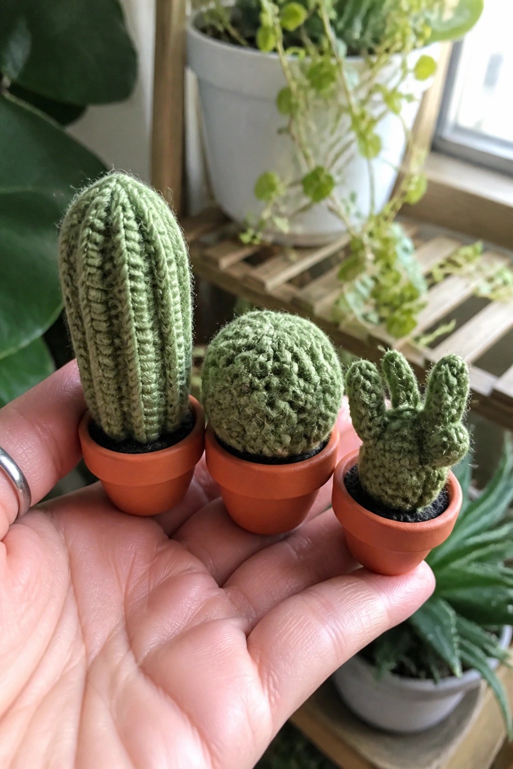 Hand with silver ring holding three miniature green crocheted cacti in orange pots