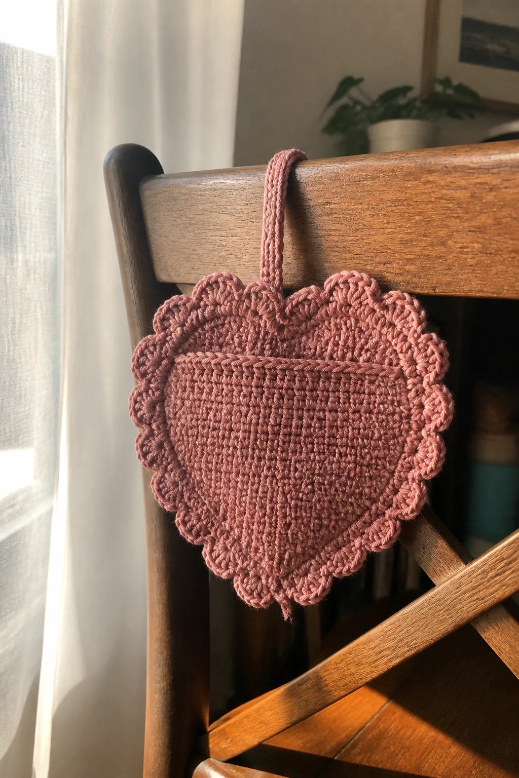 Pink crocheted heart with scalloped edges hanging from wooden chair.