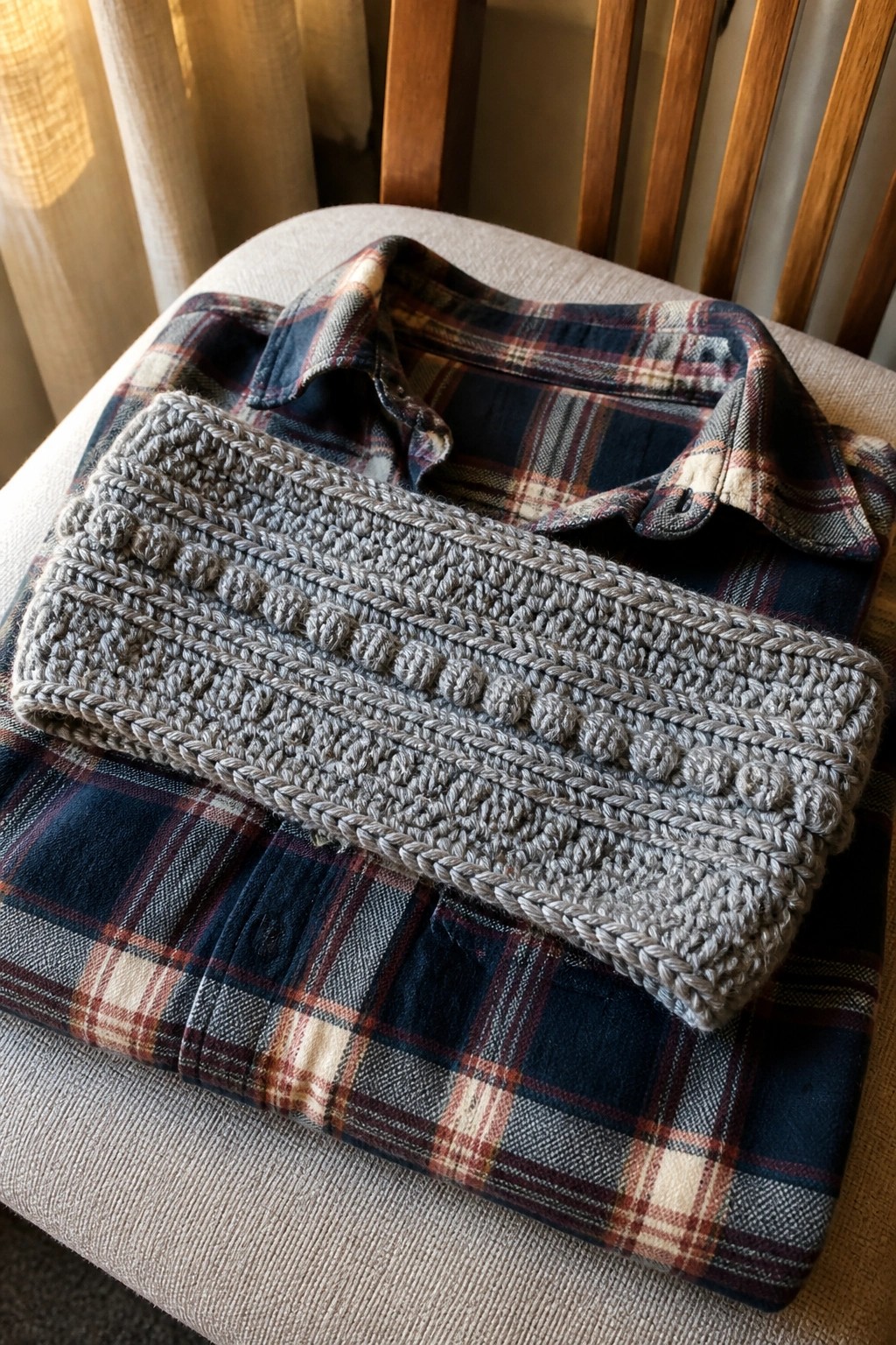 A gray crocheted scarf with bobble stitches resting on a folded plaid shirt on a chair.