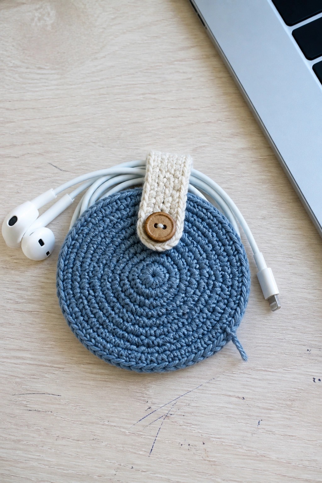 Blue crocheted pouch with white earbuds and cable, beige buttoned strap on wooden desk