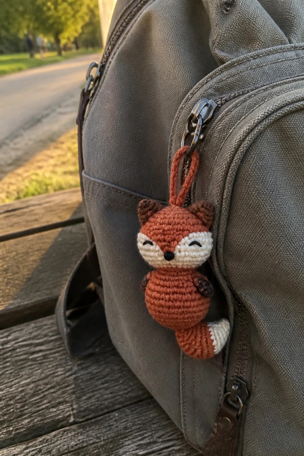 Crocheted orange fox keychain clipped to zipper of gray backpack on bench