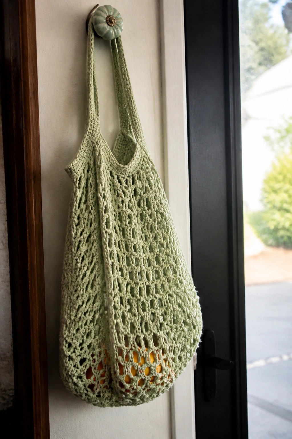 Light green crocheted net bag with oranges hanging from pumpkin knob on door