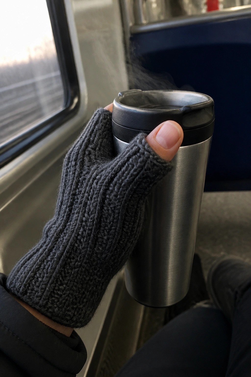 Hand in gray fingerless glove holding steaming metal travel mug on train