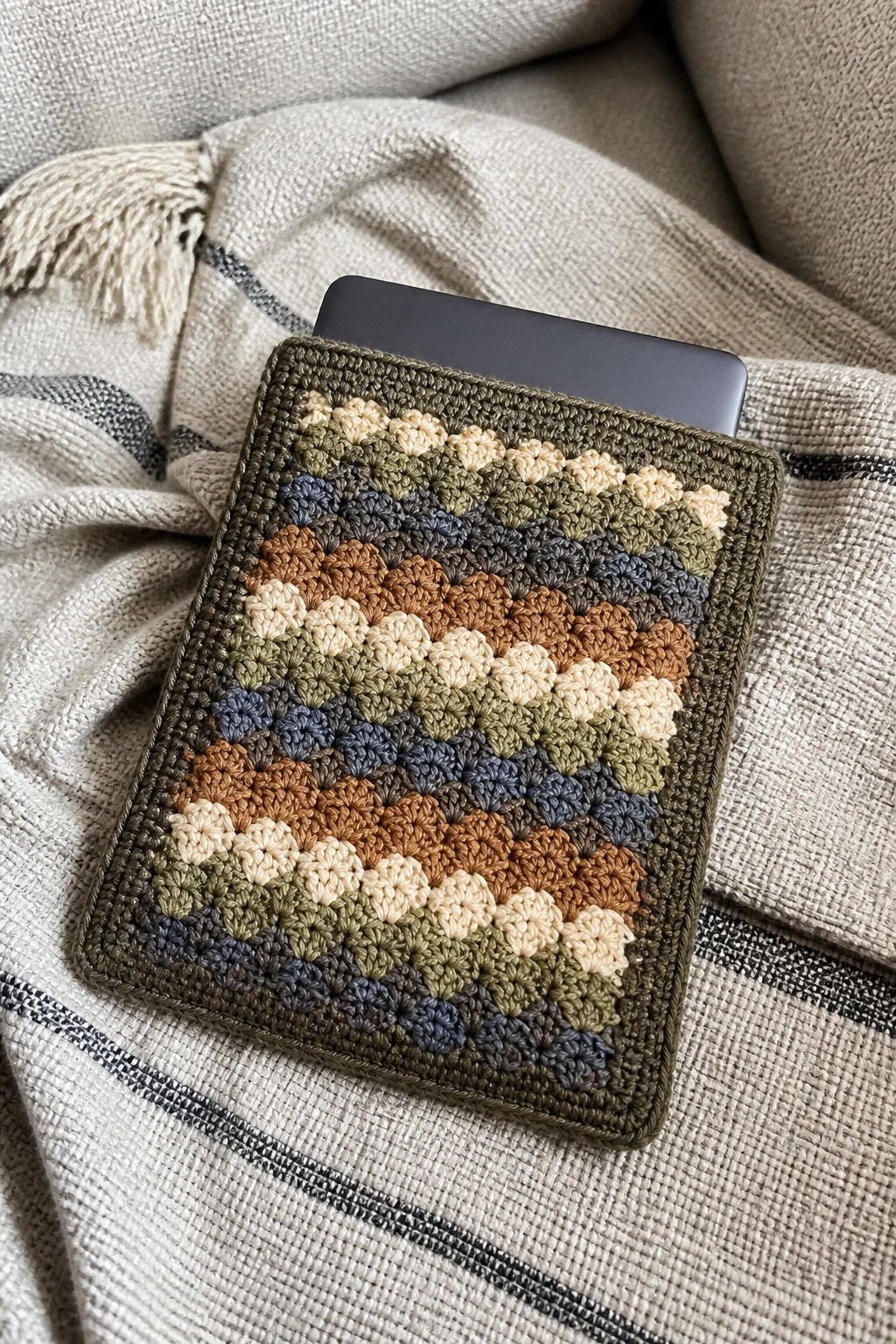 Multicolored crocheted pouch holding a tablet on a striped woven blanket.