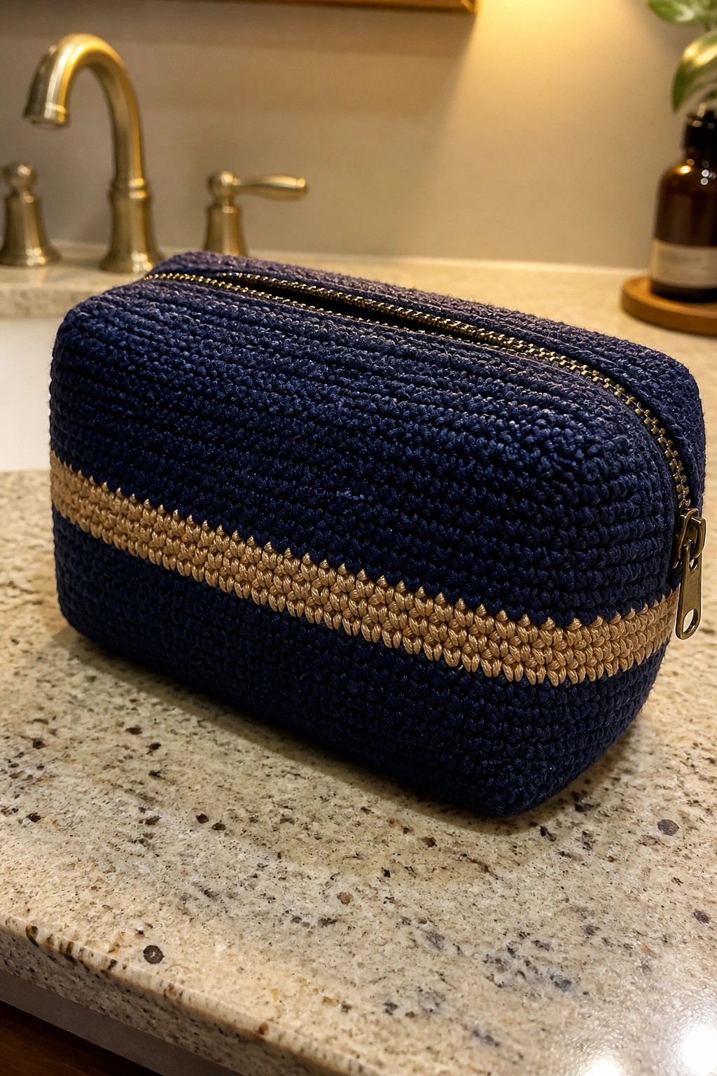 Navy blue crocheted pouch with gold stripe and zipper on marble counter