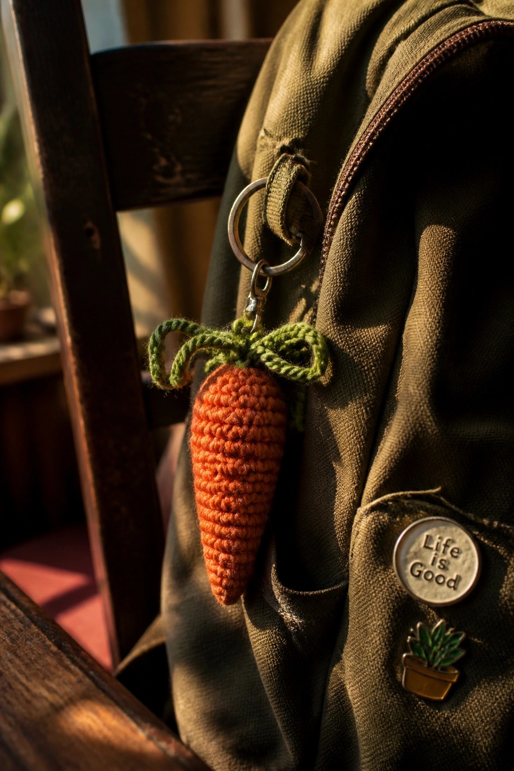 Crocheted orange carrot keychain on olive green backpack with enamel pins