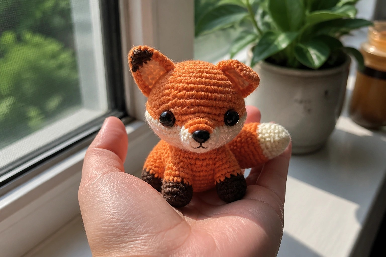 A small crocheted orange fox with white muzzle and belly plus black ear and paw tips rests in an open hand.