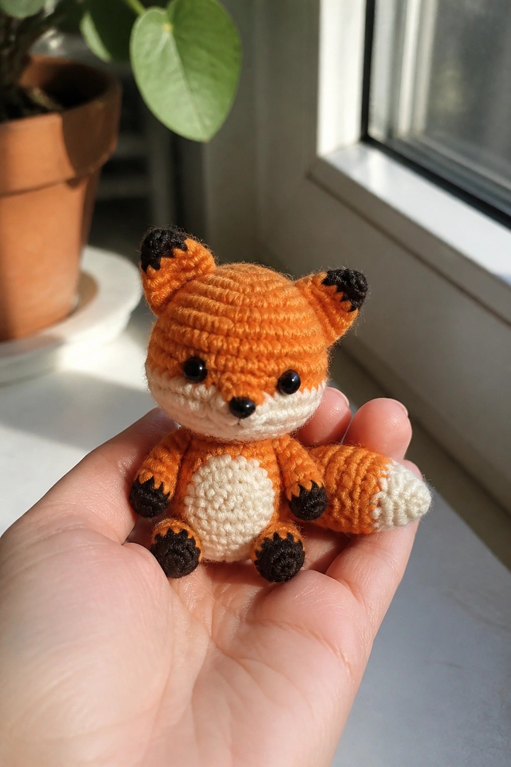 A small crocheted orange fox with white muzzle and belly plus black ear and paw tips rests in an open hand.