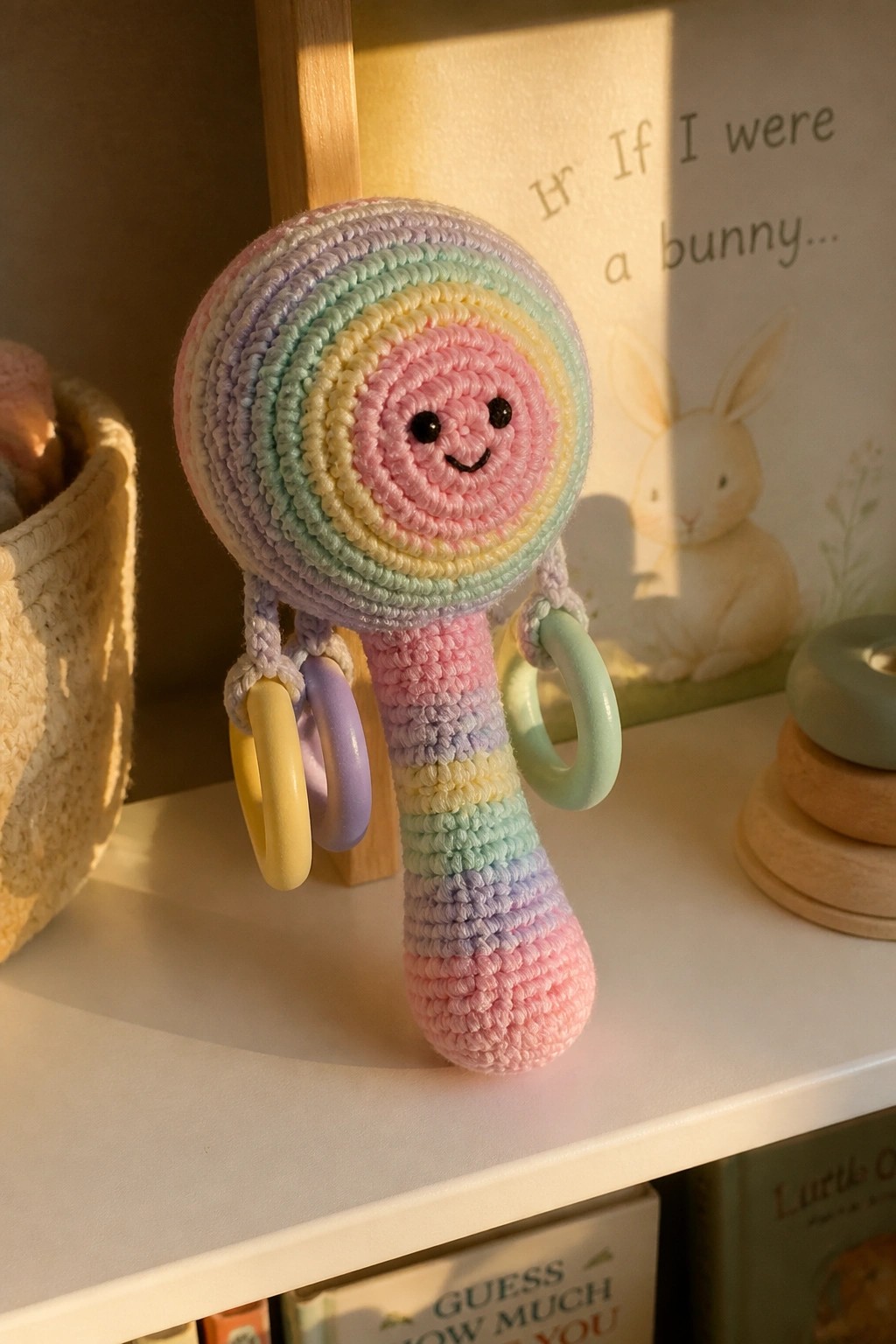 Crocheted pastel rainbow baby rattle with smiling face and dangling rings on shelf