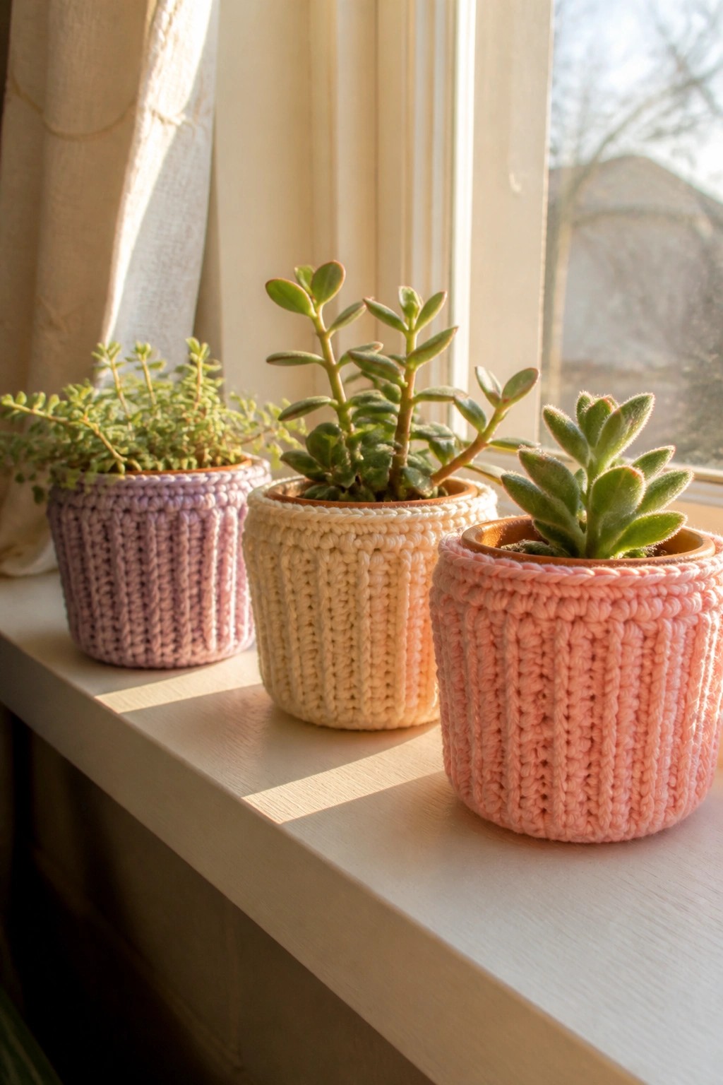 Three succulents in pastel knitted pots on a sunlit windowsill.
