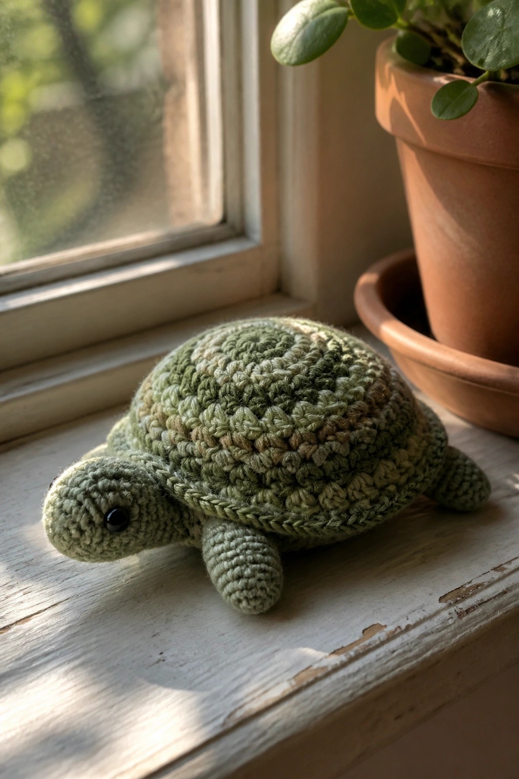 A small crocheted turtle with a variegated green shell rests on a white wooden windowsill beside a terracotta plant pot.