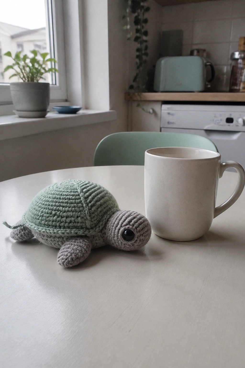 Crocheted turtle with mint green shell beside white mug on table