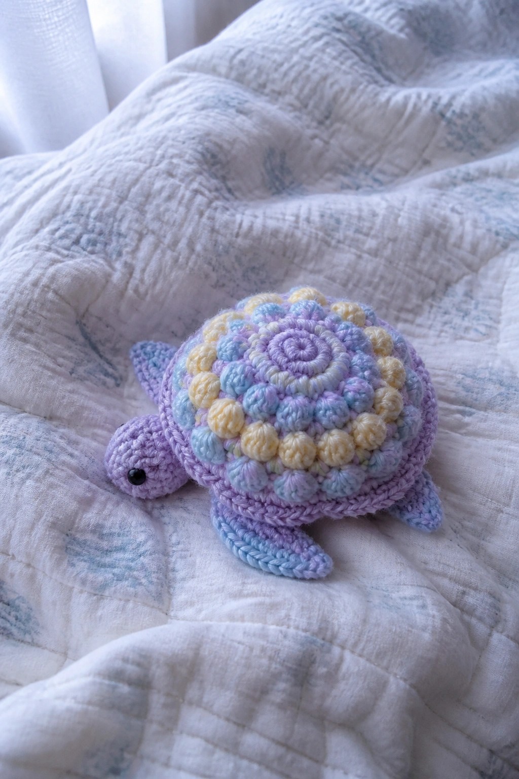 Crocheted sea turtle with pastel shell on white quilted blanket