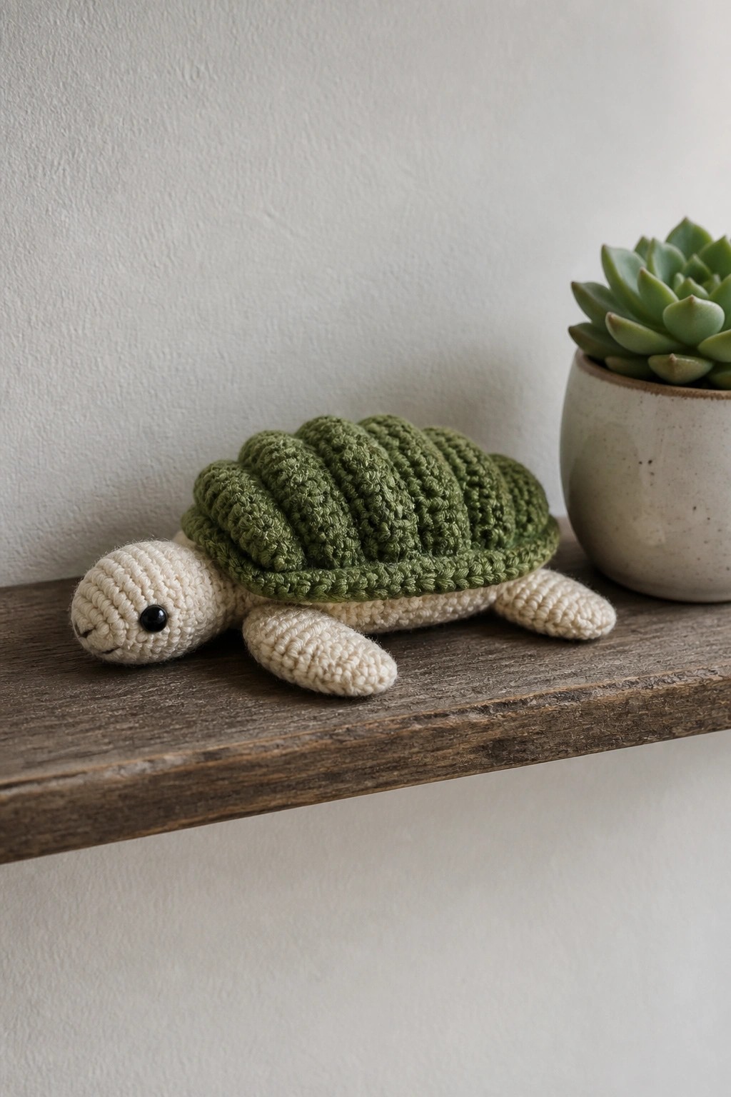 Crocheted turtle with green shell on wooden shelf beside potted succulent plant