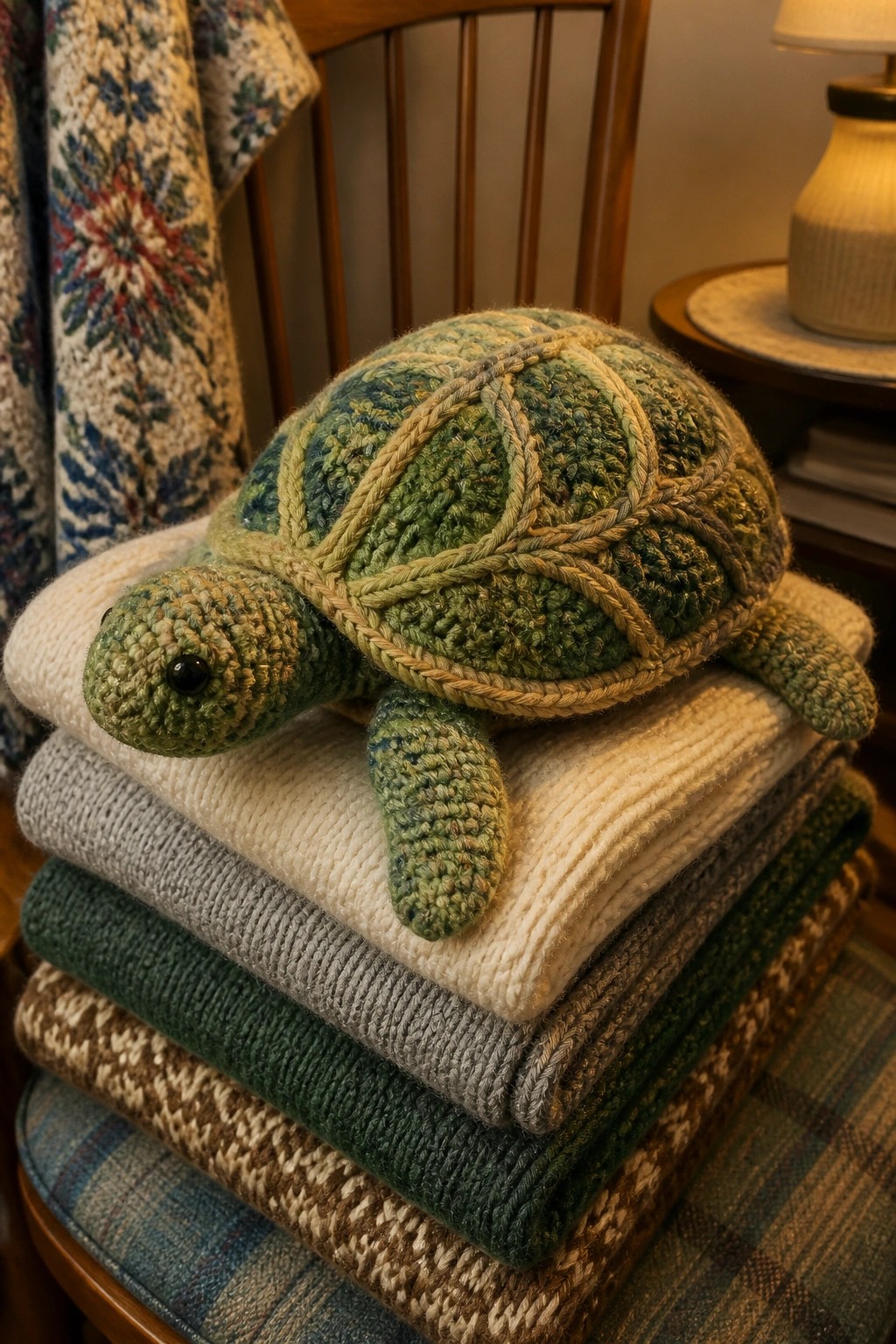 Green crocheted turtle atop stack of folded knit blankets on wooden chair