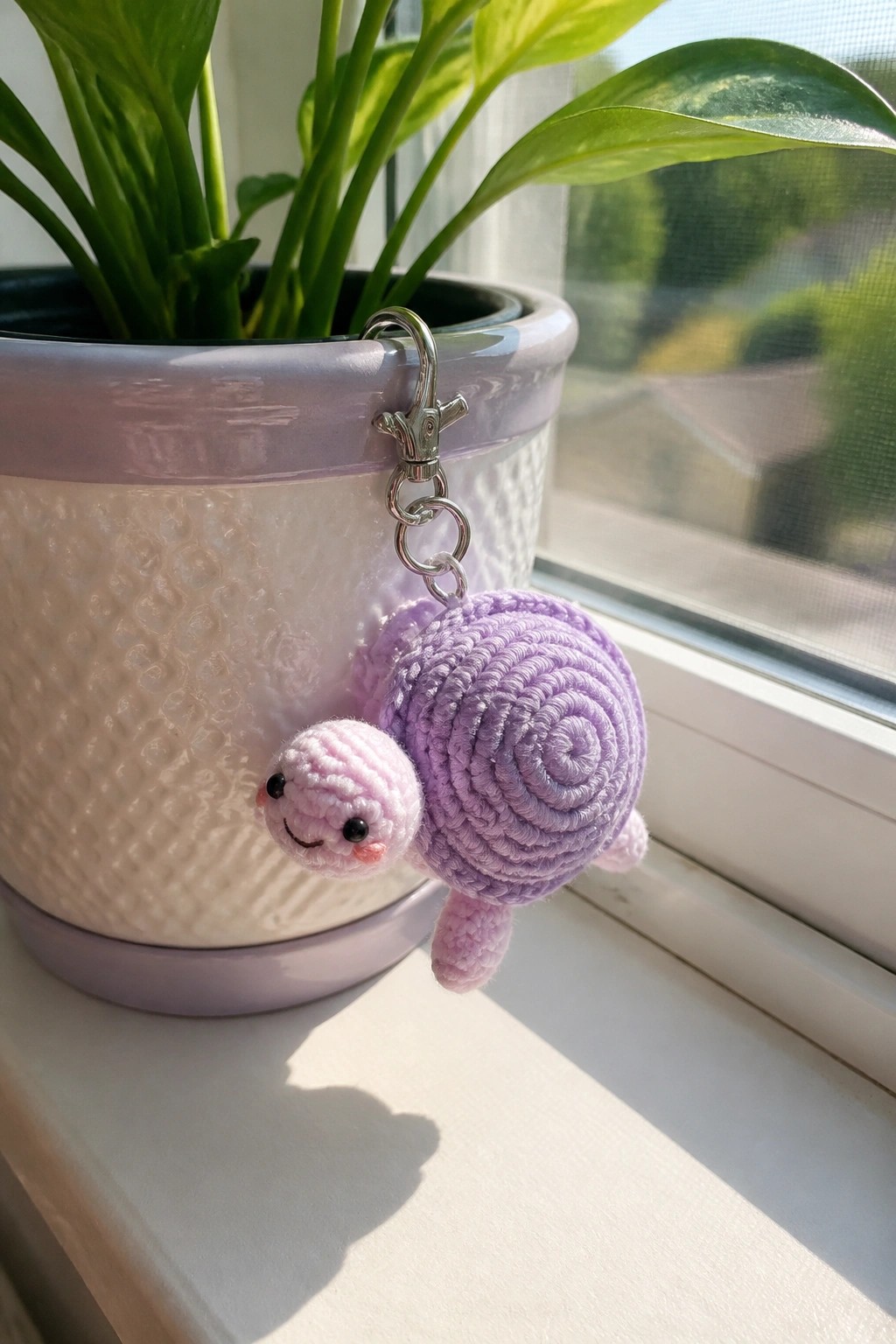 A small crocheted turtle keychain with a purple spiral shell and pink head clipped to a plant pot on a windowsill.