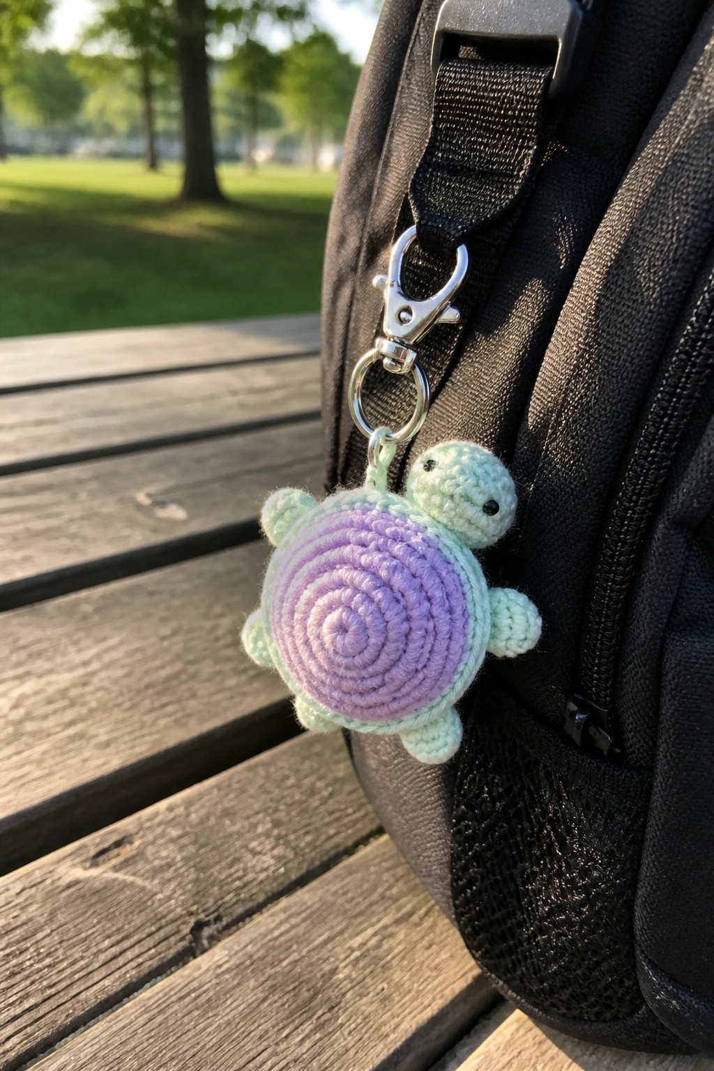 Crocheted mint green and purple turtle keychain on black backpack strap outdoors